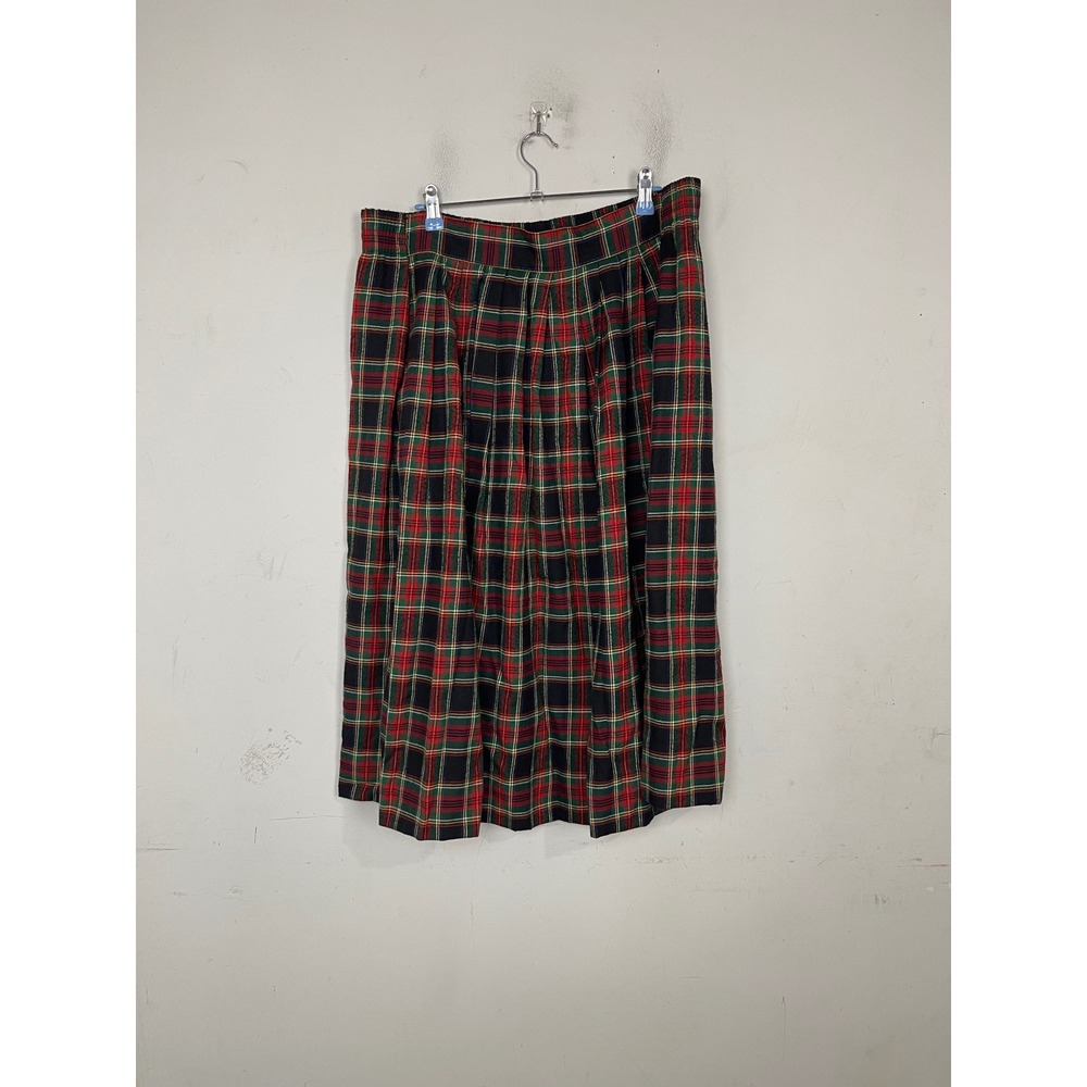 Karen Scott Plaid Pleated‎ Midi Skirt Red Green Black Tartan Elastic Waist 14